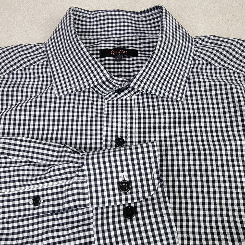 Quince Mens L Navy Gingham Organic Cotton Stretch Poplin Preppy Dress Shirt